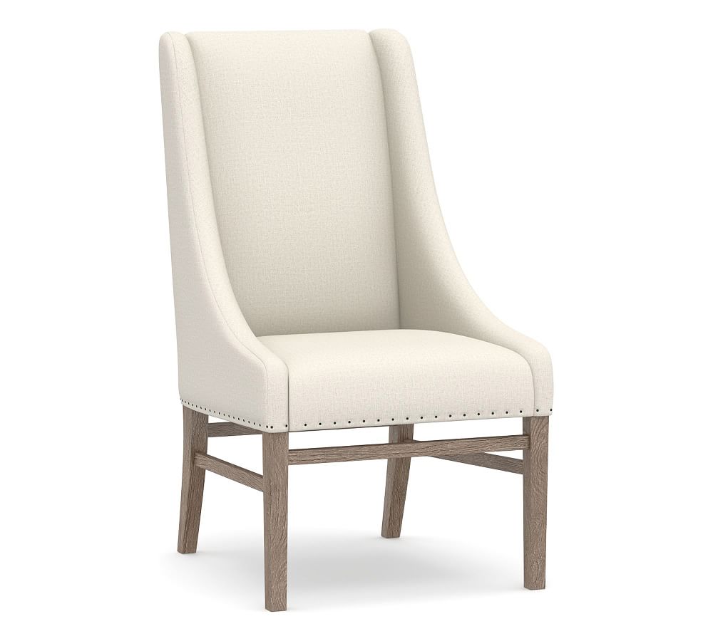 Open Box: Milan Slope Arm Upholstered Dining Side Chair, Gray Wash Leg, Performance Heathered Tweed Ivory