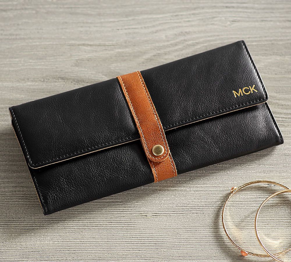 Ainsley Leather Jewelry Roll - Cognac/Black