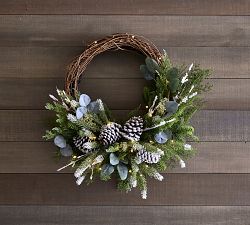 Lit Faux Frosted Greens &amp; Pinecones Wreath &amp; Garland