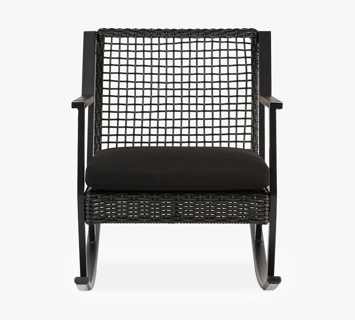 Front view of a single black wicker outdoor rocking chair with dark cushion
