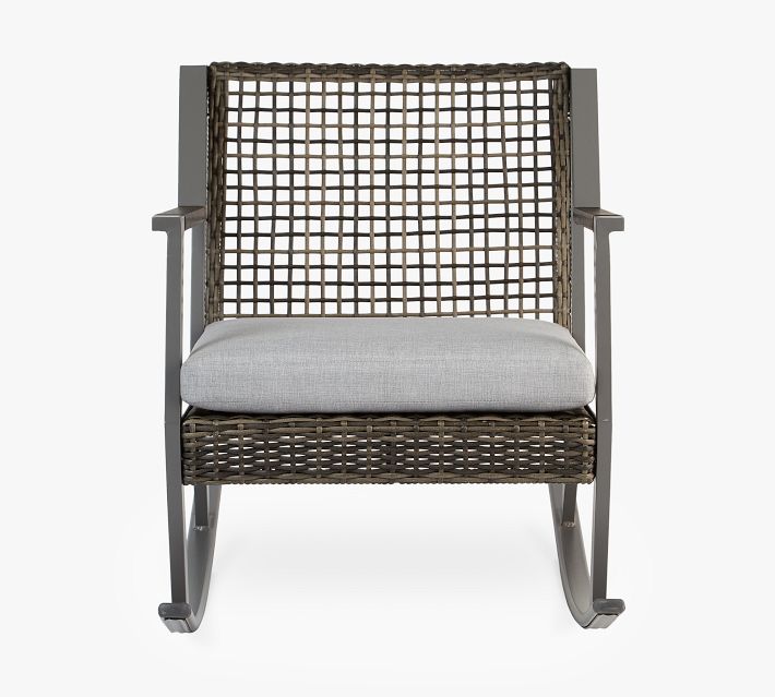Front view of an outdoor wicker rocking chair with gray frame and light cushion