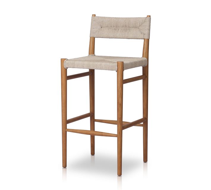 Full front view of a wooden bar stool with woven seat and backrest.