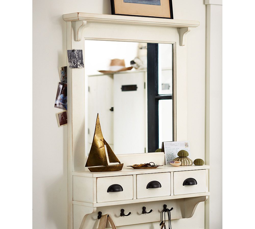 Wall-Mount Entryway Organizer Mirror - Almond White