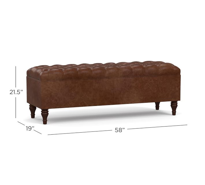 Product dimensions: length 58 inches, depth 19 inches, height 21.5 inches for a brown tufted leather ottoman on legs