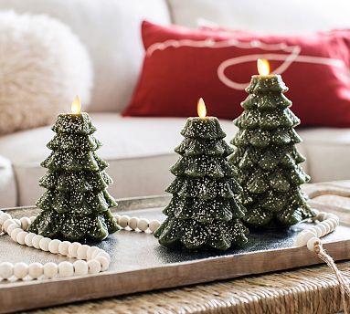 Pottery Barn クリスマス　キャンドル　クリスマスツリー　もみの木 Premium Flickering Flameless Tree Candle - Glittery Green