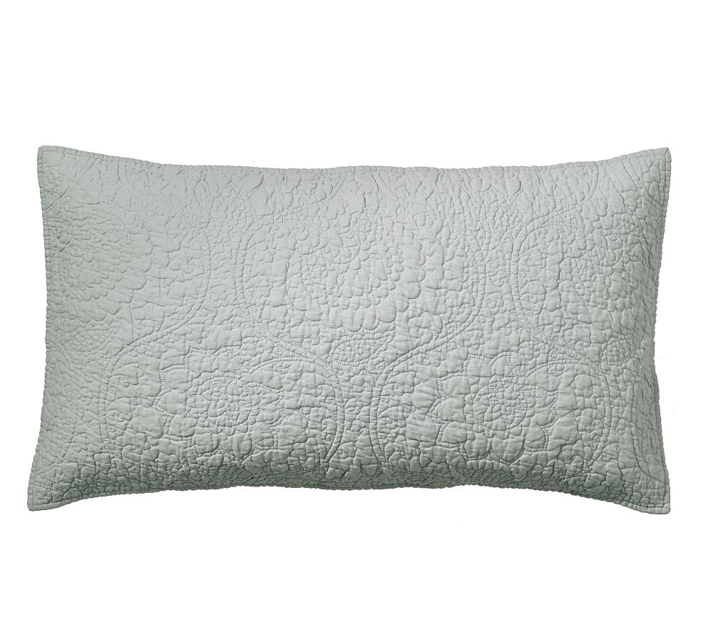 Belgian Flax Linen Floral Stitch Quilted Sham - Size King - Mineral Blue