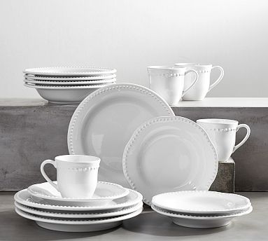 Emma Beaded Stoneware 16-Piece Dinnerware Set with Mug &amp; Soup Bowl - True White