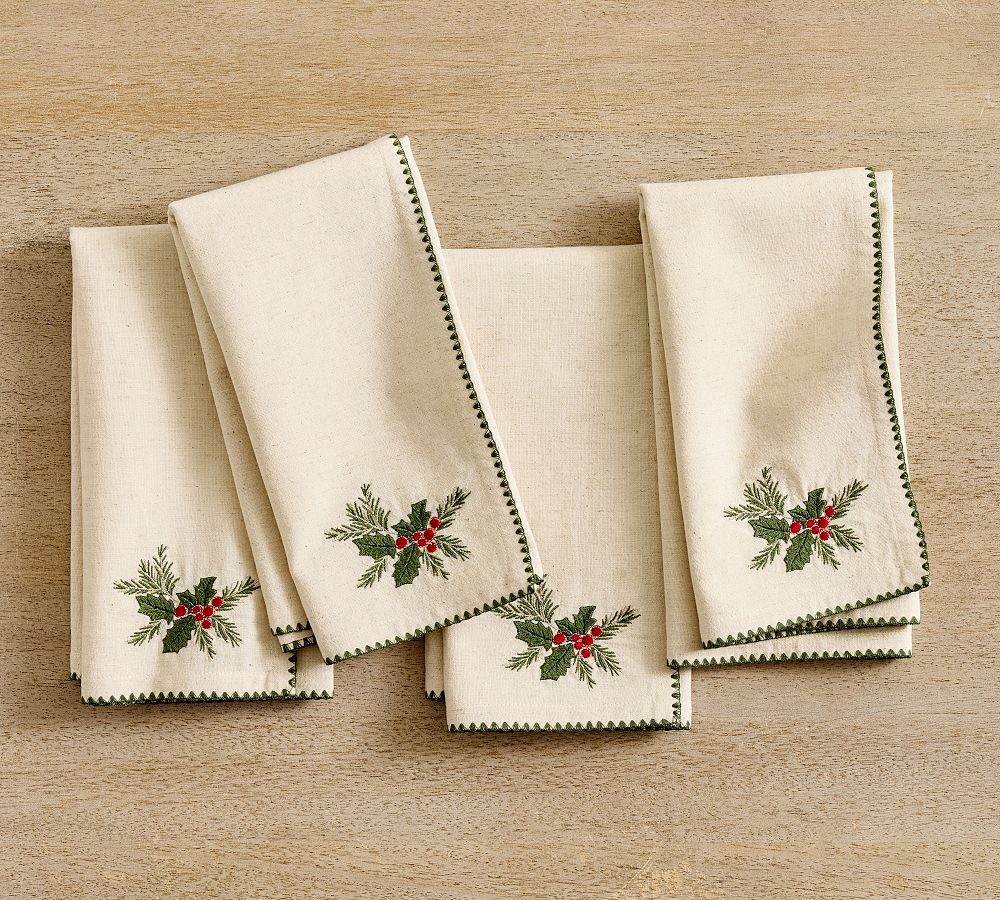Holly Embroidered Cotton/Linen Napkins - Set of 4