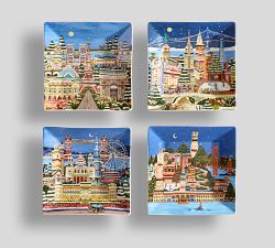 Cities Stoneware Appetizer Plates - Mixed Set of 4