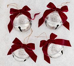 Silver Bell Ornaments with Bows - Set of 4