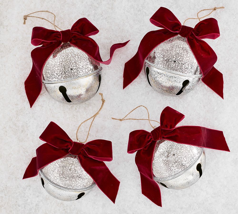 Silver Bell Ornaments with Bows - Set of 4