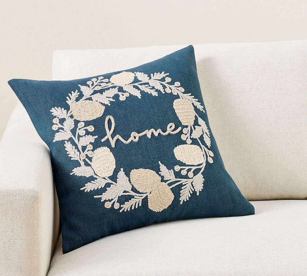 Home Wreath Embroidered Pillow