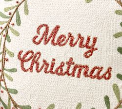 Merry Christmas Wreath Embroidered Pillow