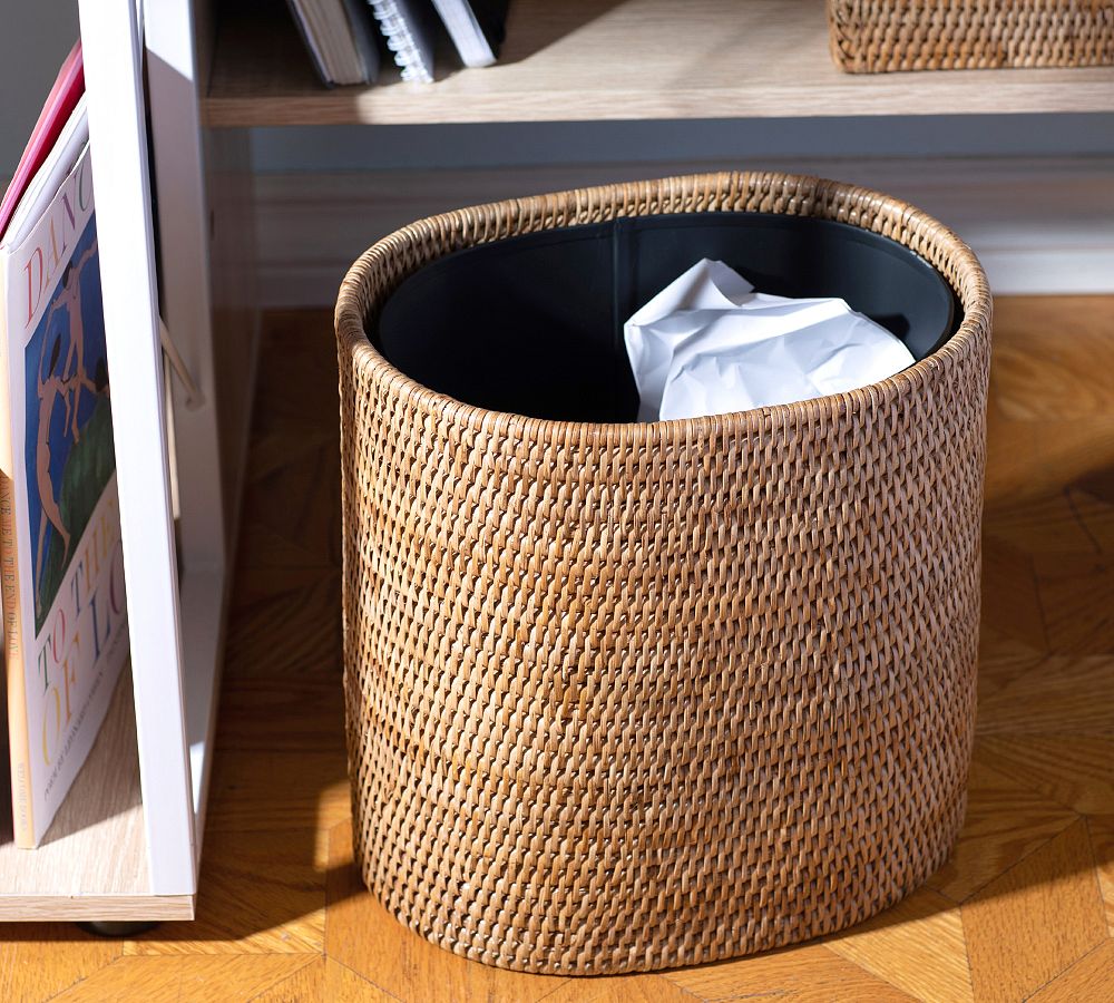 Tava Handwoven Rattan Oval Wastebasket with Metal Liner