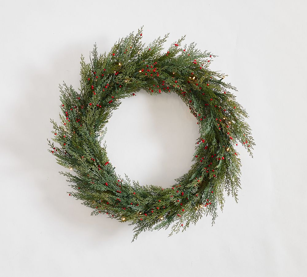 Faux Lit Cedar Berry Pine Wreath