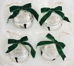 Silver Bell Ornaments with Bows - Set of 4