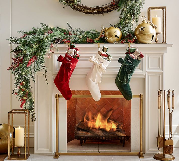 Classic Velvet Bow Stockings | Ivory | Font Style: #572 | Set of 2: (1) Emma (2) Greg