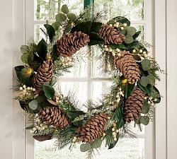 Faux Lit Leafy White Berry Wreath &amp; Garland