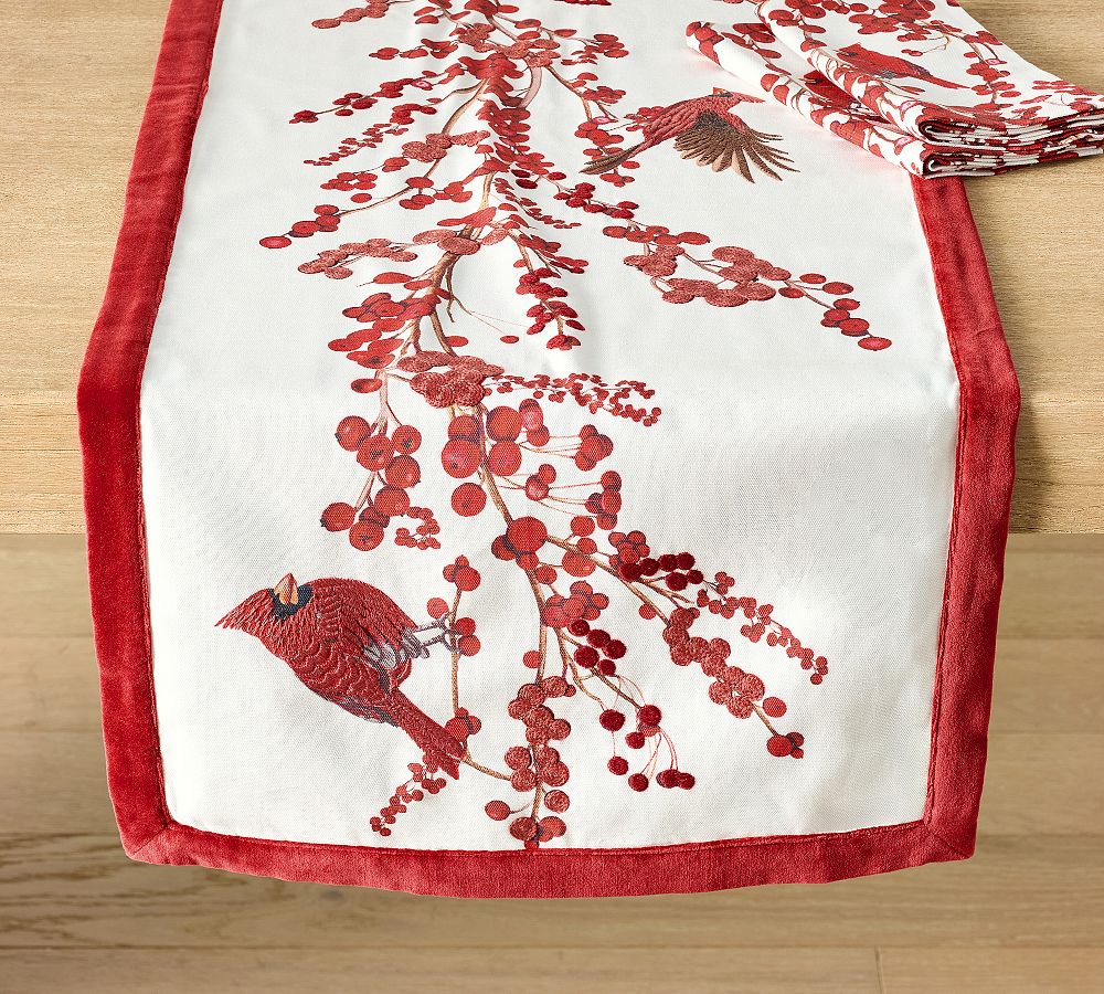 Cardinal &amp; Berries Embroidered Cotton Table Runner