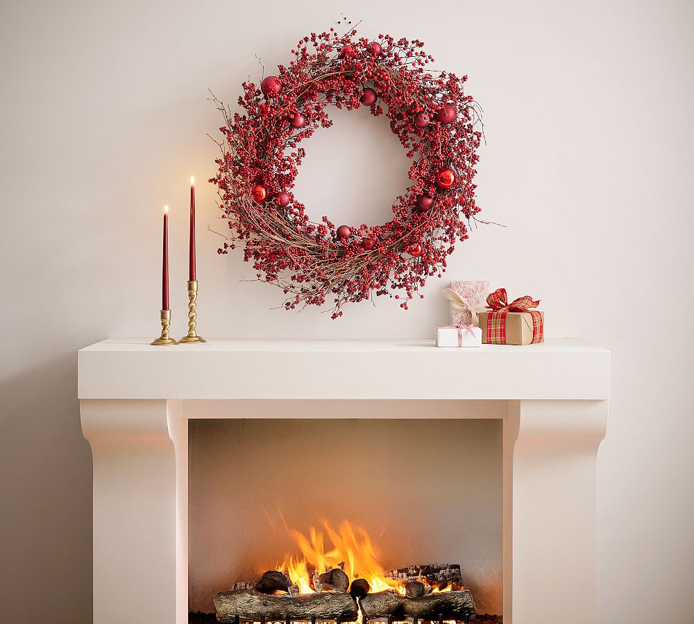 Faux Wild Twig and Berry Trailing Wreath with Ornaments