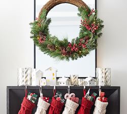 Lit Faux Red Berry &amp; Pine Wreath