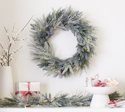 Lit Faux Flocked Pine Wreath &amp; Garland