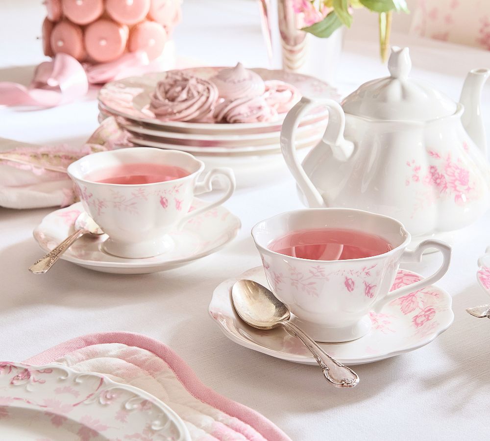 LoveShackFancy Pink Rose Teacups & Saucers - Set of 2