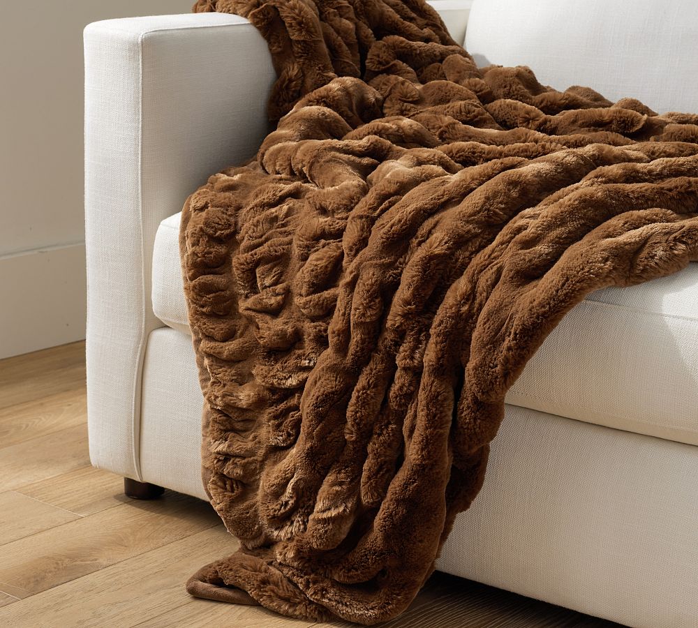 Faux Fur Ruched Throw - Tobacco Ruched, 50" x 60"