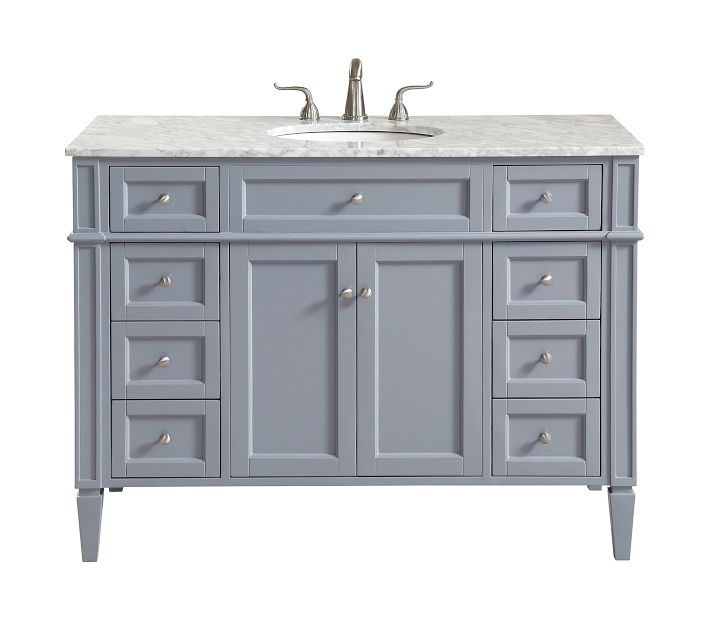 Grey-blue bathroom vanity with sink and countertop, front view showing drawers and cabinets.