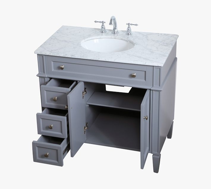 Open cabinet with drawers and interior shelves