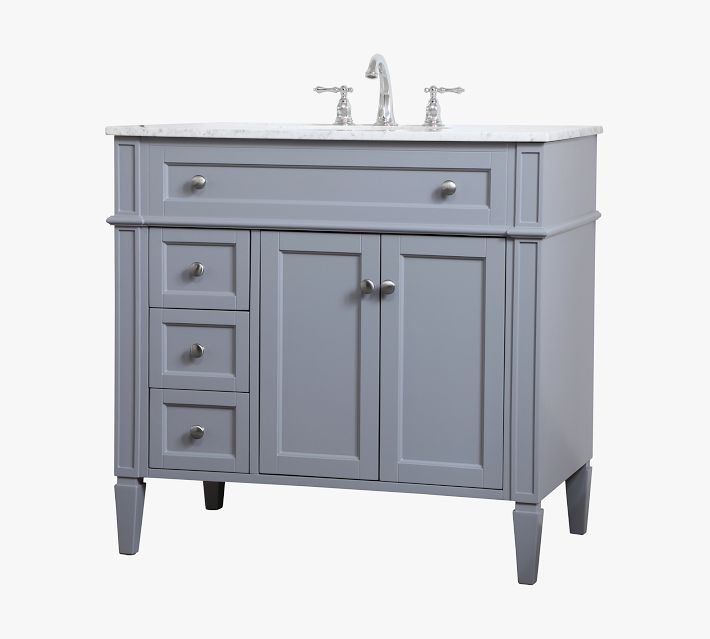 Grey vanity with marble top and knobs