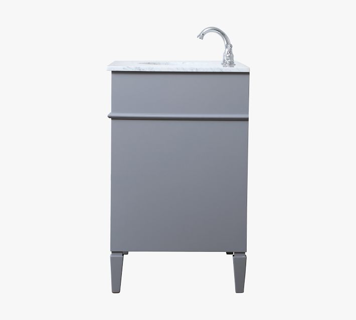 Grey vanity with marble top and faucet, front view