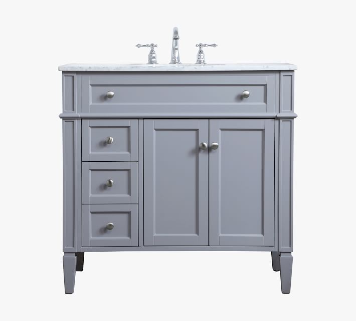 Grey bathroom vanity with marble top, drawers, and cabinets