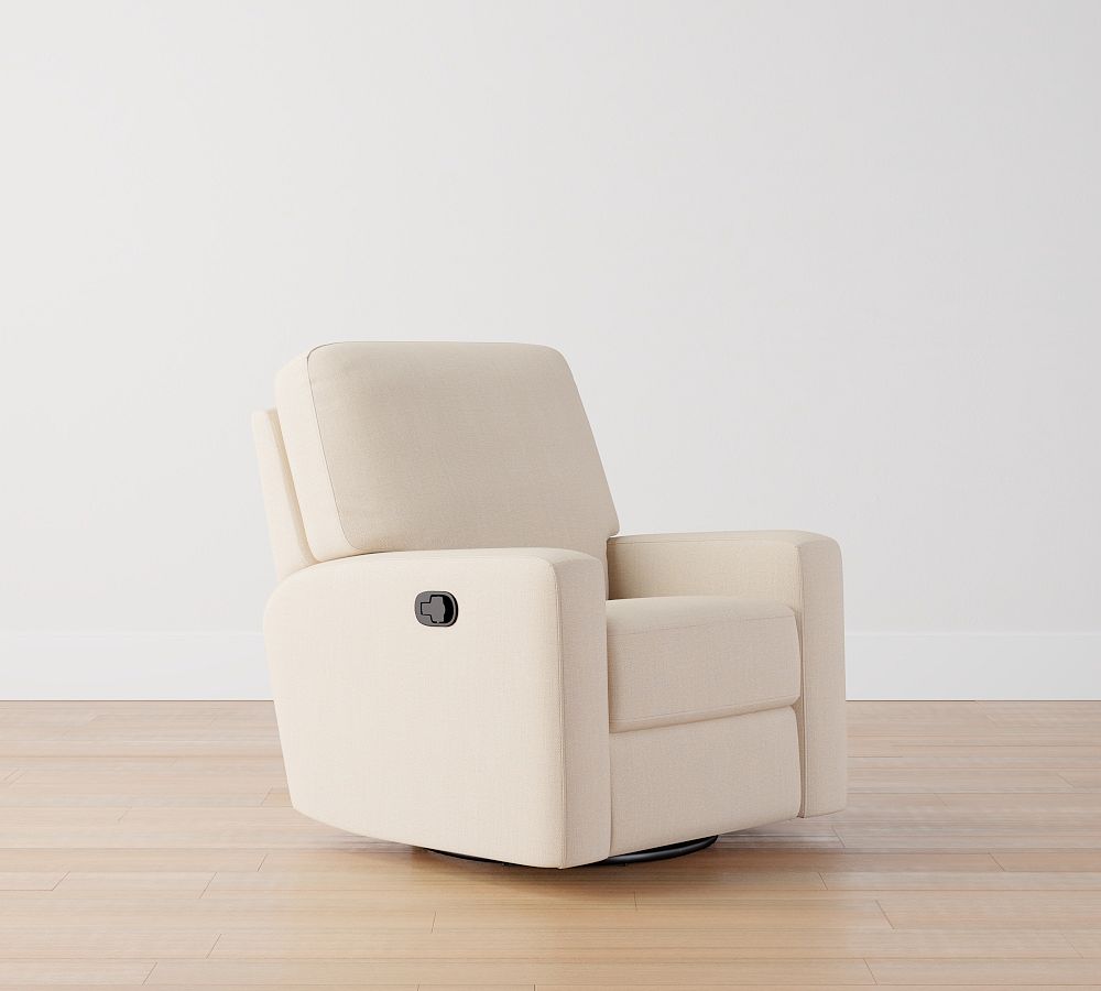 Open Box: PB Comfort Square Arm Upholstered Swivel Glider Recliner, Box Edge Polyester Wrapped Cushions - Performance Basketweave Parchment