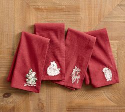 Holiday Critters Embroidered Cotton Napkins - Mixed Set of 4