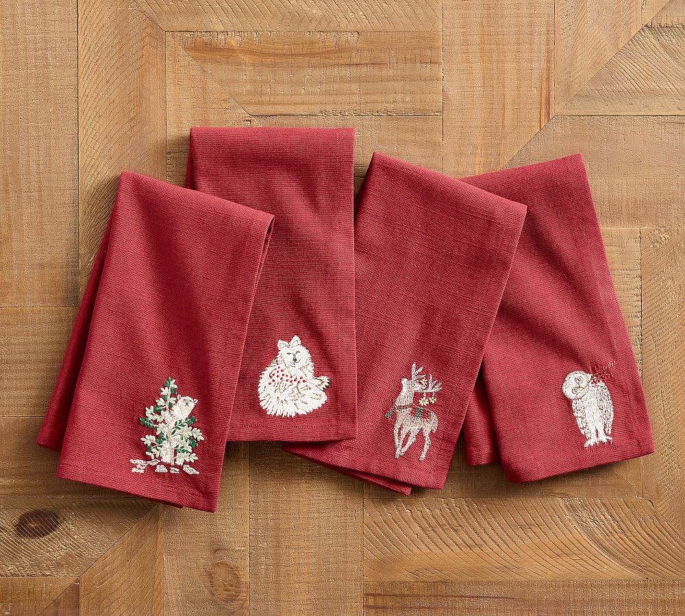Holiday Critters Embroidered Cotton Napkins - Mixed Set of 4