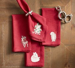 Holiday Critters Embroidered Cotton Napkins - Mixed Set of 4