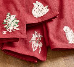 Holiday Critters Embroidered Cotton Napkins - Mixed Set of 4
