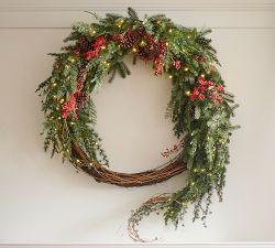 Faux Lit Red Berry Avant-Garde Wreath &amp; Garland