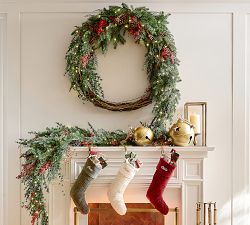 Faux Lit Red Berry Avant-Garde Wreath &amp; Garland