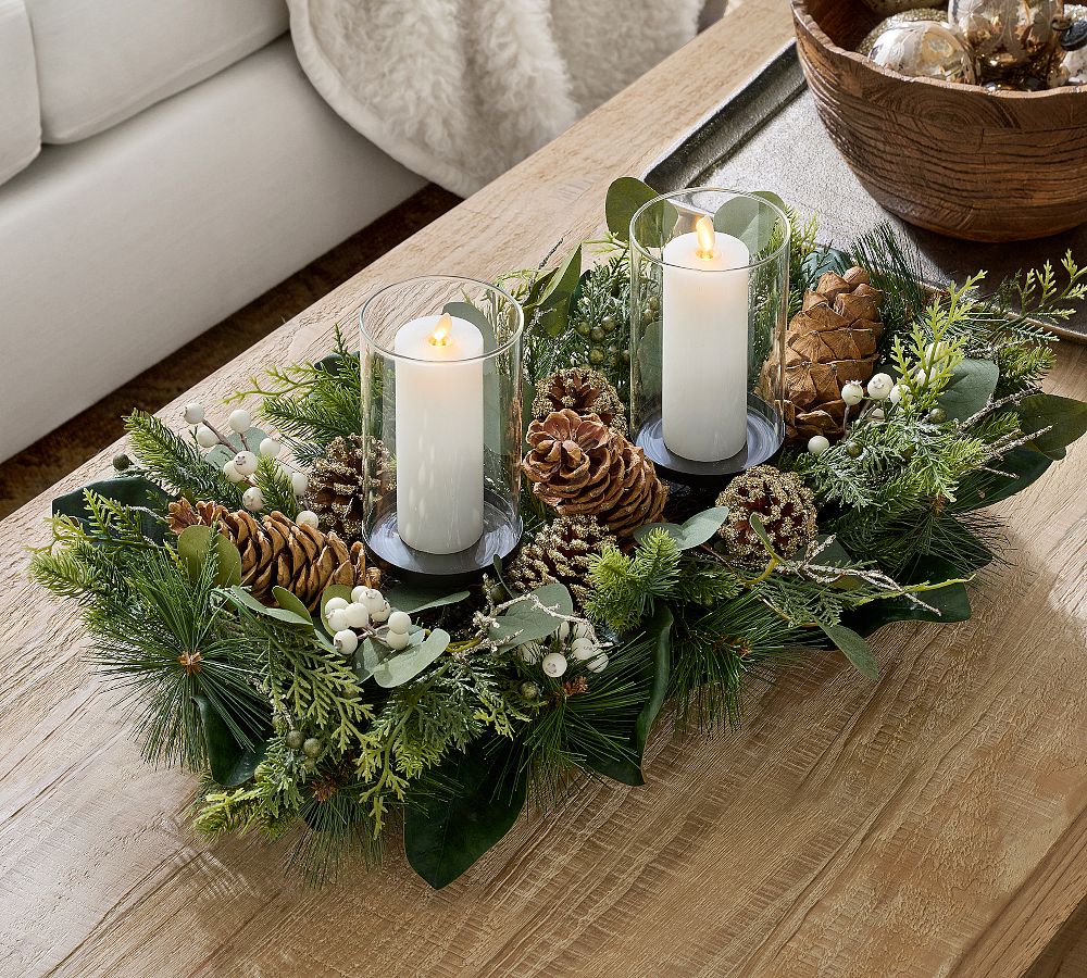Faux White Berry Pine Candle Holder Centerpiece