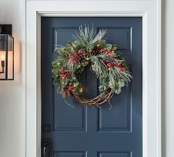 Lit Faux Red Berry &amp; Pine Wreath