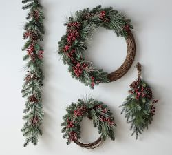 Lit Faux Red Berry &amp; Pine Swag