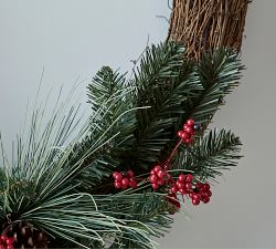 Lit Faux Red Berry &amp; Pine Wreath