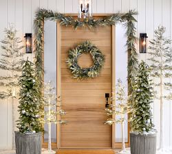 Lit Faux Flocked Pine Wreath &amp; Garland