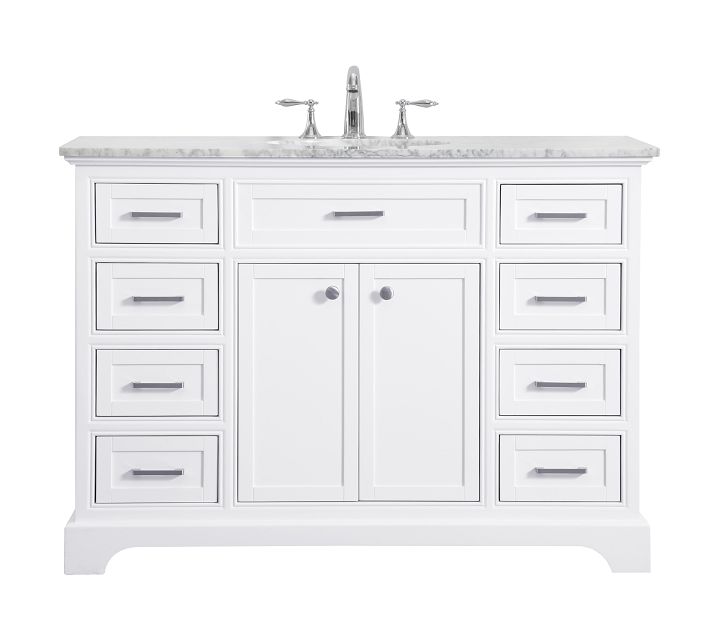 White bathroom vanity with marble countertop and dual sinks and faucet, shown front view