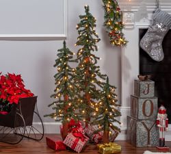 Faux Pre-Lit Alpine Trees With Clear Lights - Set of 3