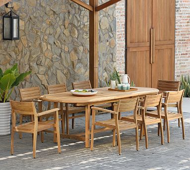 Nassau Teak Oval Outdoor Table with Monza Stackable Dining