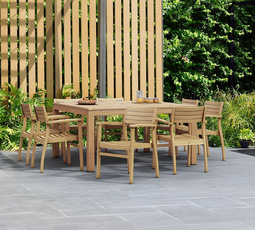Saldano 9-Piece Teak Square Outdoor Dining Table with Monza Stackable Dining Armchair Set