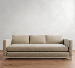 Open Box: Jake Seadrift Wood Base Grand Sofa (96"), Bench Cushion, 3 Back Cushions - Performance Basketweave Parchment
